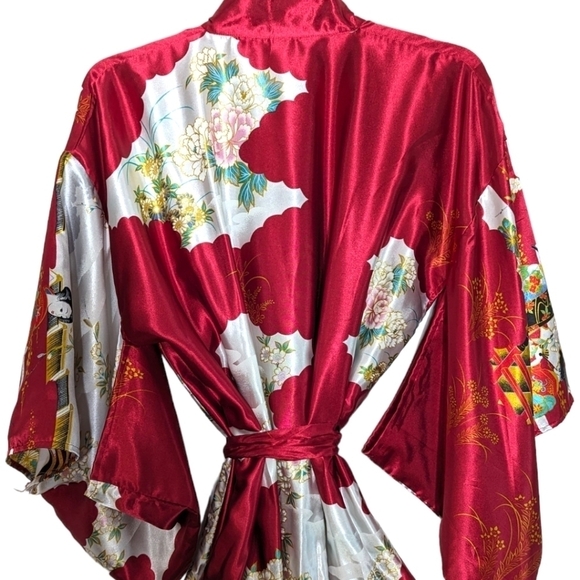 Vintage Satin Authentic Japanese Kimono Open Front Sash Tie Red White Maxi OS - Picture 5 of 13